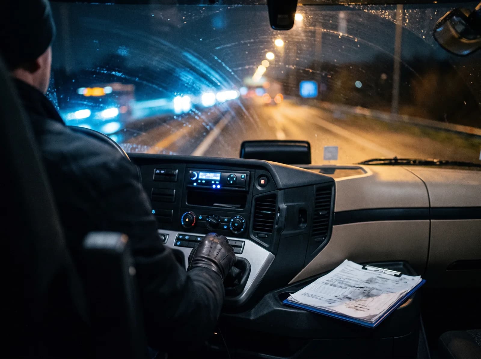 Interior detail of a tractor unit cab on a night run, showing the tachograph unit and shipping documents