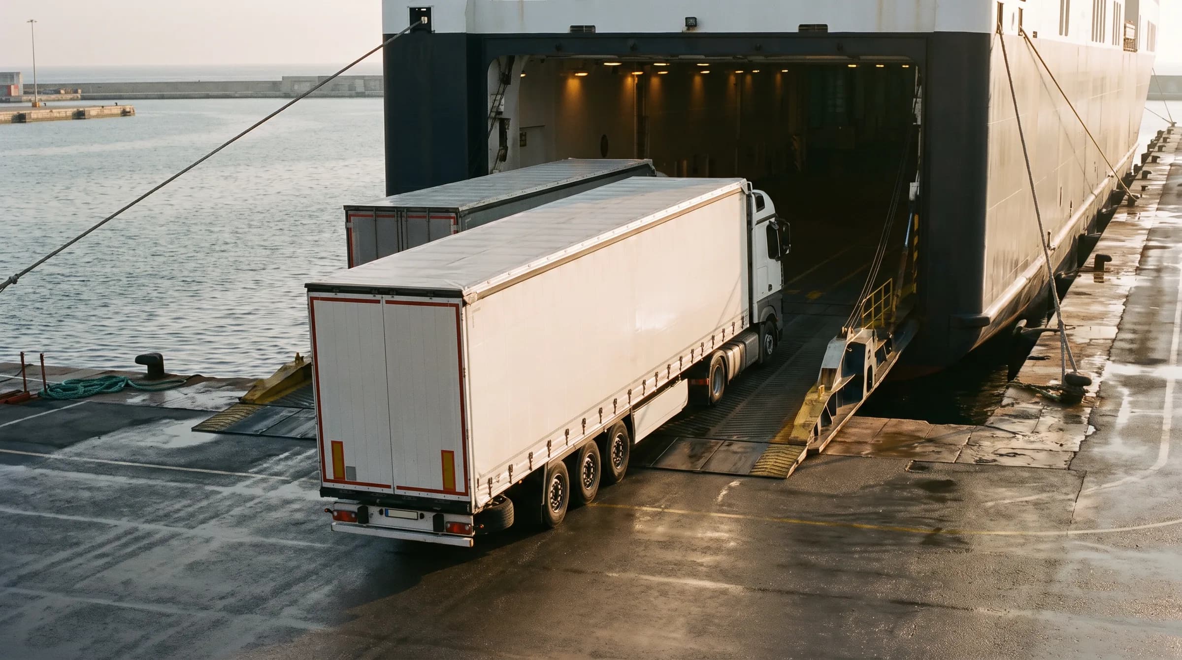 A tractor unit and trailer driving up the lowered stern ramp into a Ro-Ro vessel at golden hour, with the next lorry queued behind
