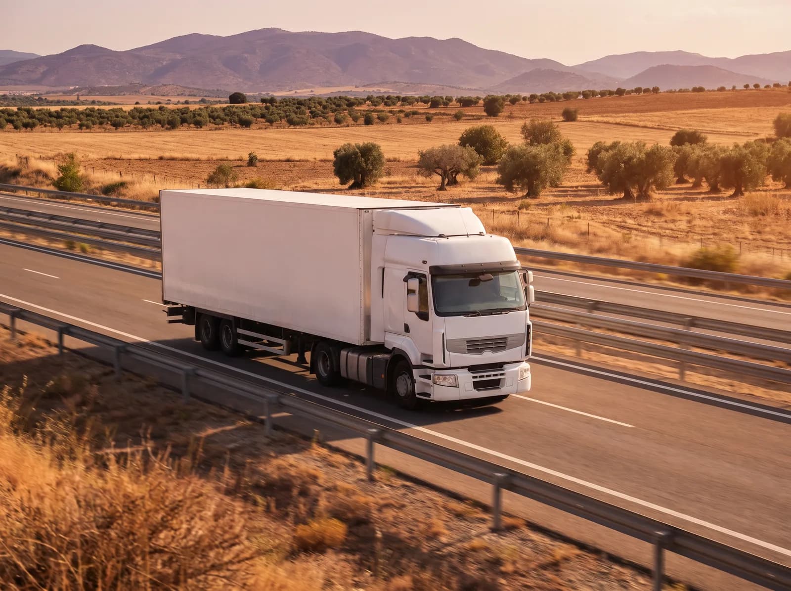 A tractor unit pulling an unmarked white trailer along a motorway through the dry Iberian plains