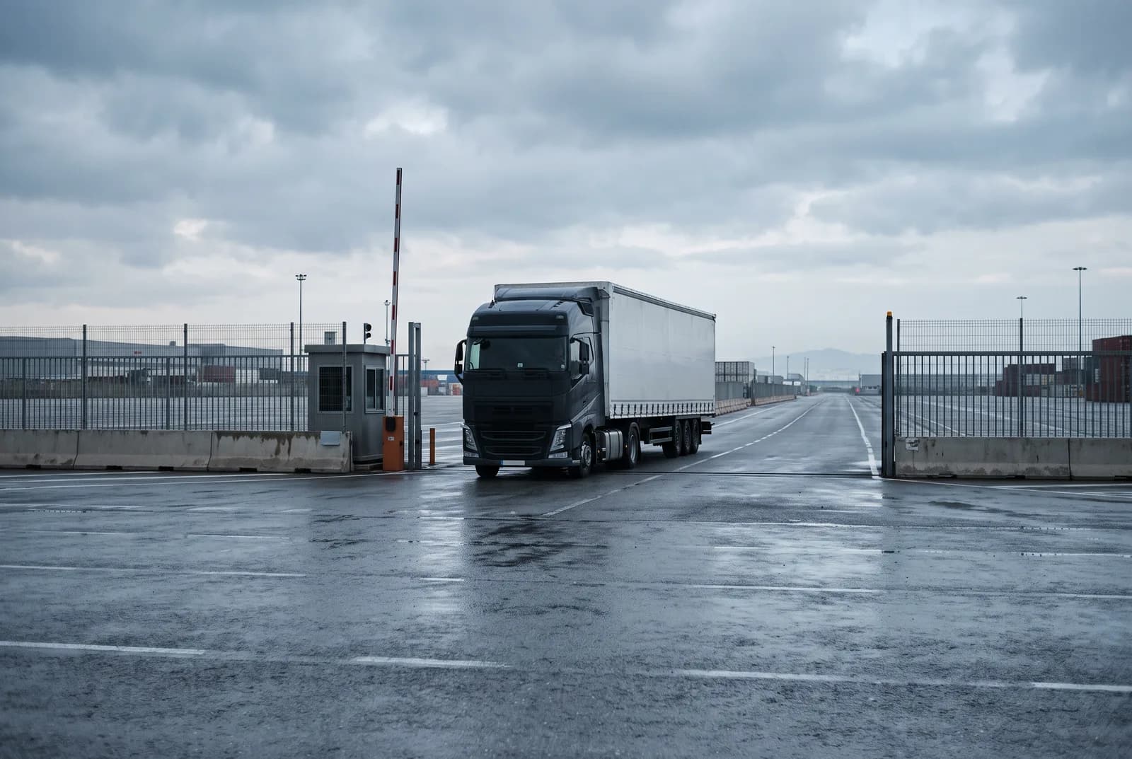 A single tractor unit and trailer leaving a port gate alone
