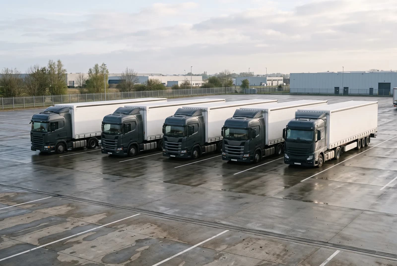 Five tractor units and trailers lined up ready for dispatch